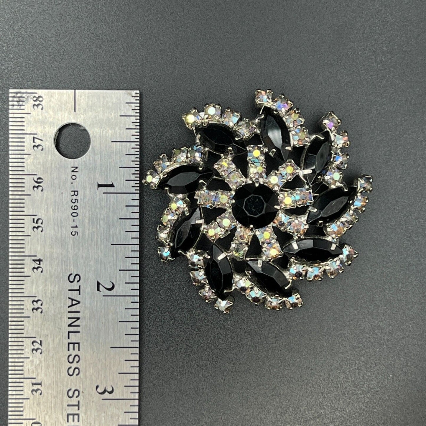 Vintage Schreiner? Silver -Tone w Jet Black Rhinestones & Smoky Topaz AB Brooch