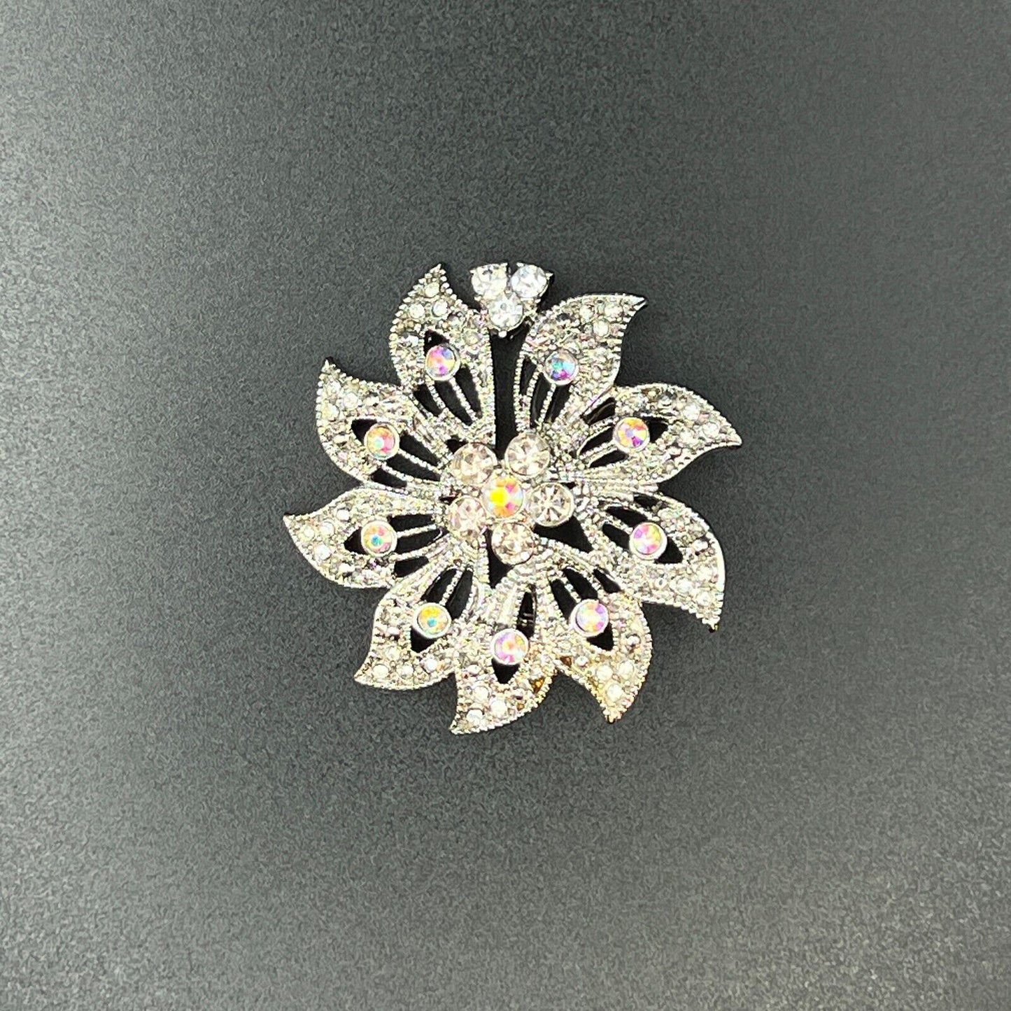 Vintage Sparkling Aurora Borealis Rhinestones Silver-Toned Ridged Brooch Pin