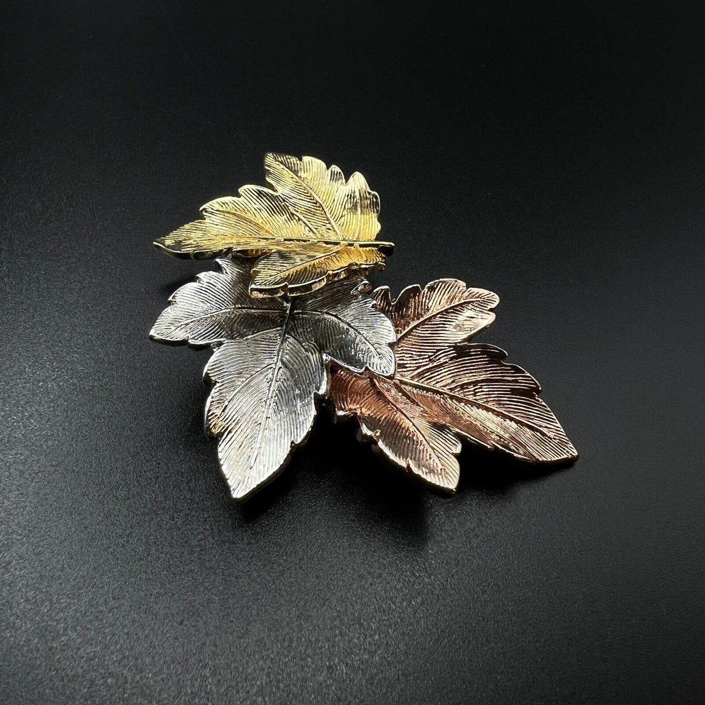 Vintage Dimensional Gold, Silver & Copper Toned Maple Leaves Brooch Pin