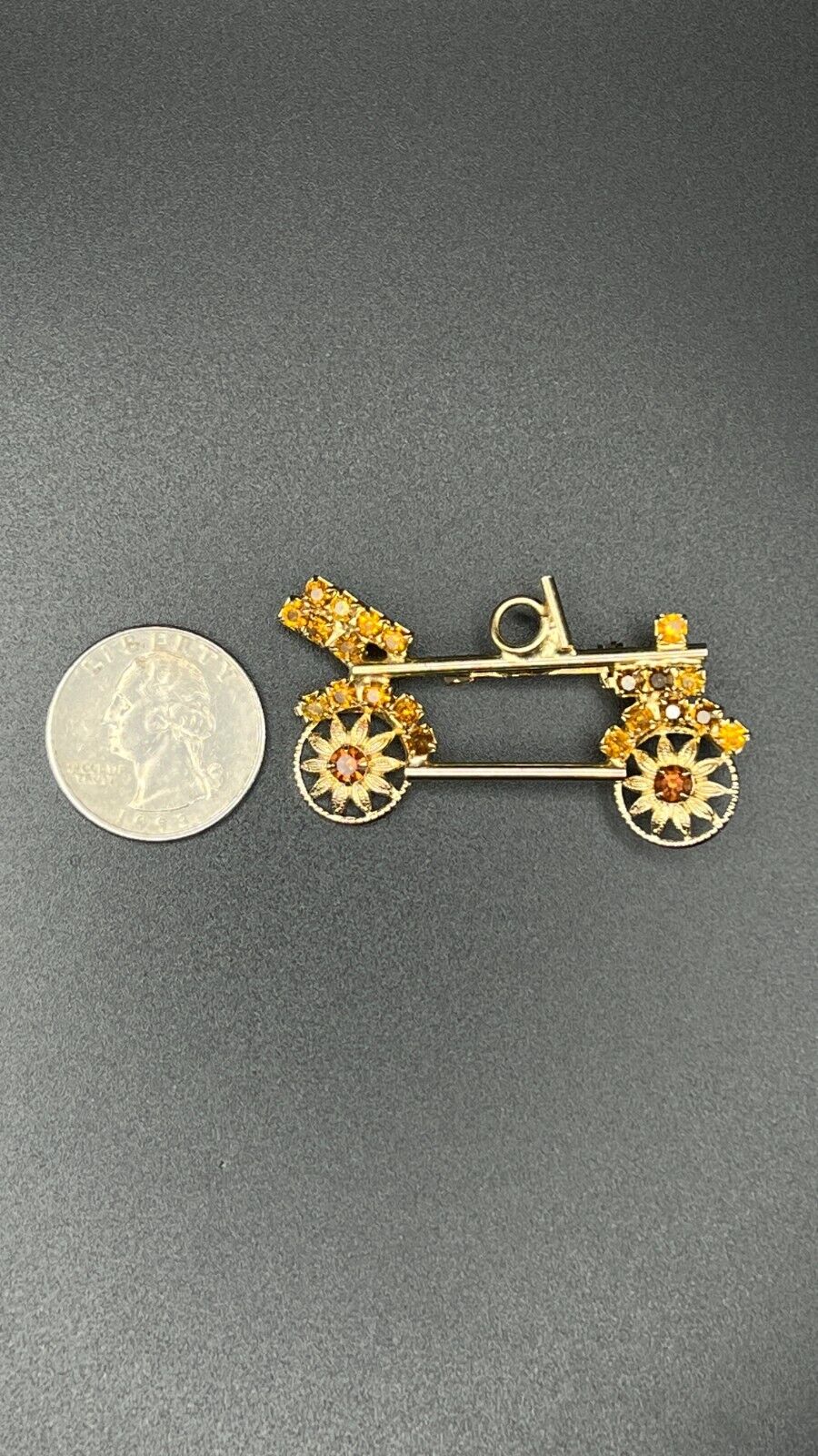 Vintage Gold-Tone with Amber, Yellow, Brown Rhinestones Auto/Car Brooch Pin