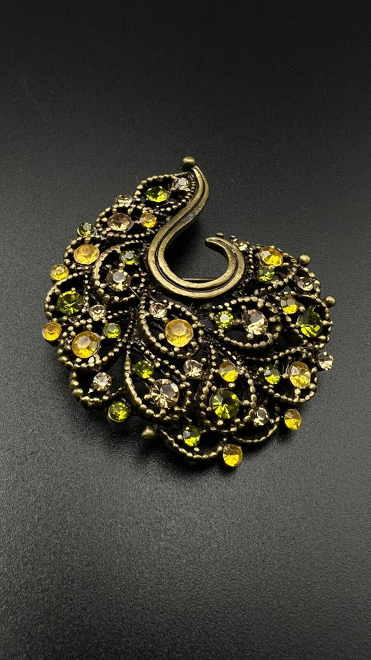 Vintage Gold-Toned Brooch Pin with Lime Green & Gold Rhinestones w Pendant Hook