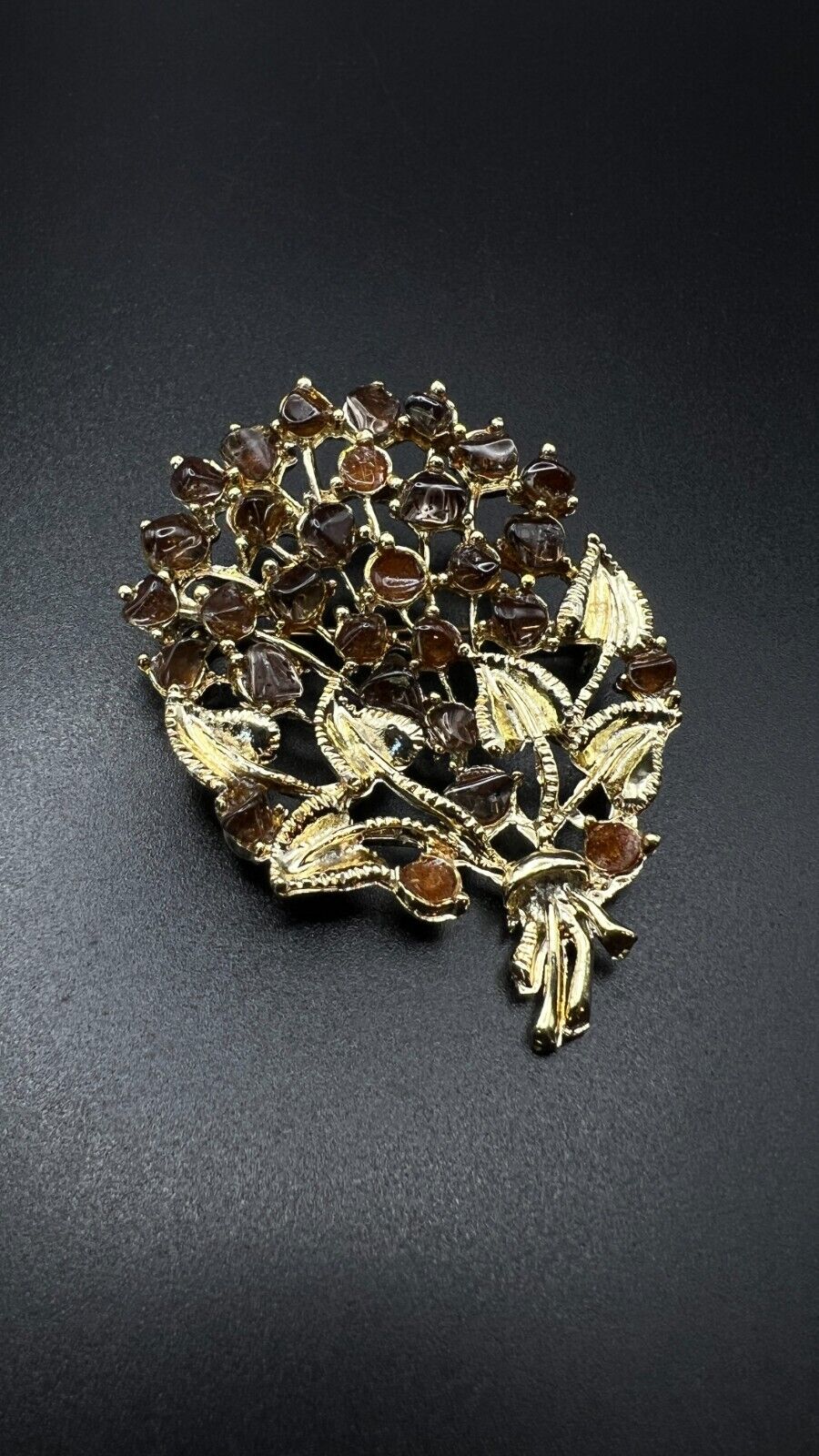 Vintage Gold-Toned Bouquet of Flowers with Brown & Topaz Rhinestones Brooch Pin