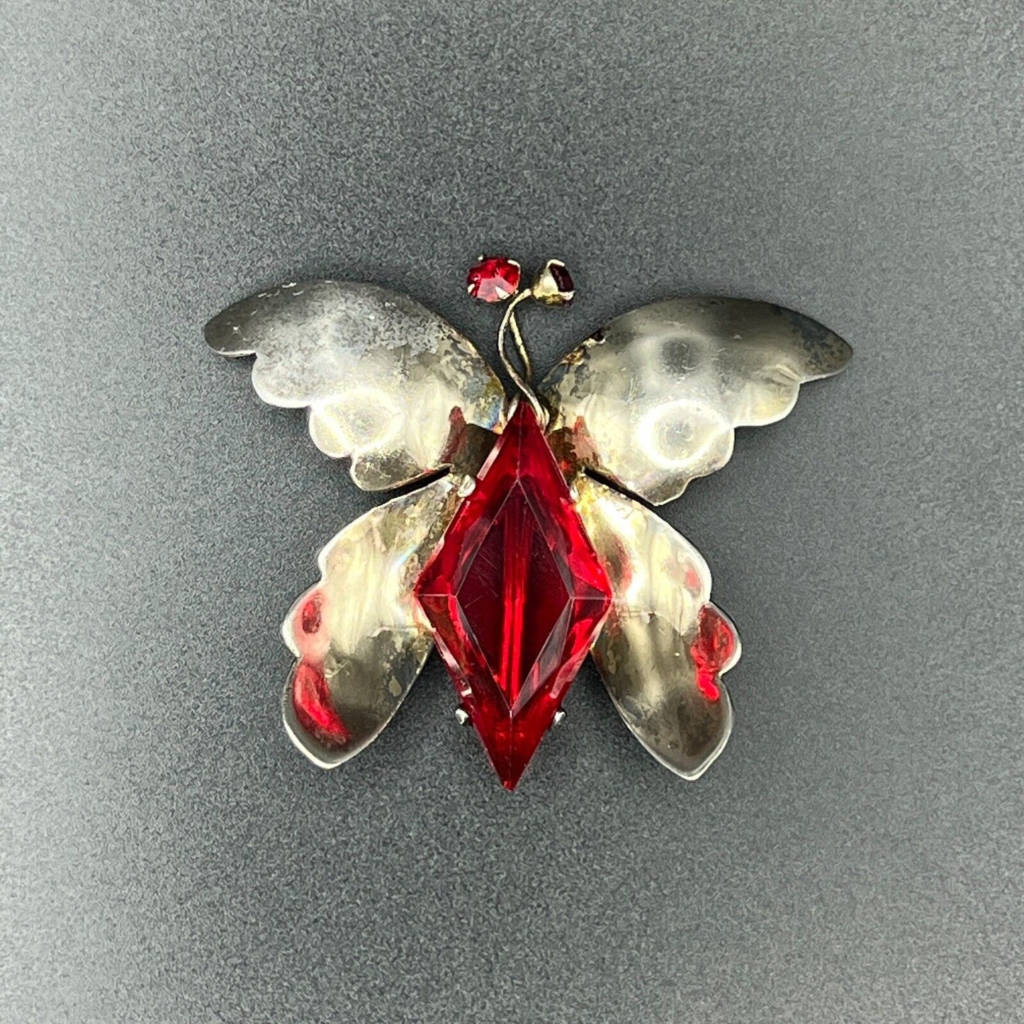 Vintage Signed Sterling Silver with Red Rhinestones Butterfly Brooch Pin