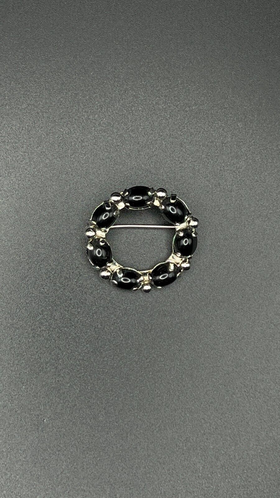 Vintage Small Circular Silver-Toned with Prong Setting of Black Beads Brooch Pin