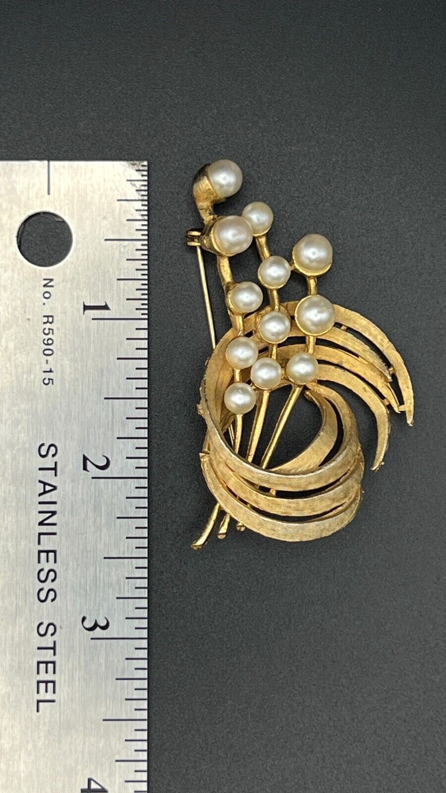 Vintage Gold-Toned Metal and Faux Pearls Brooch Pin