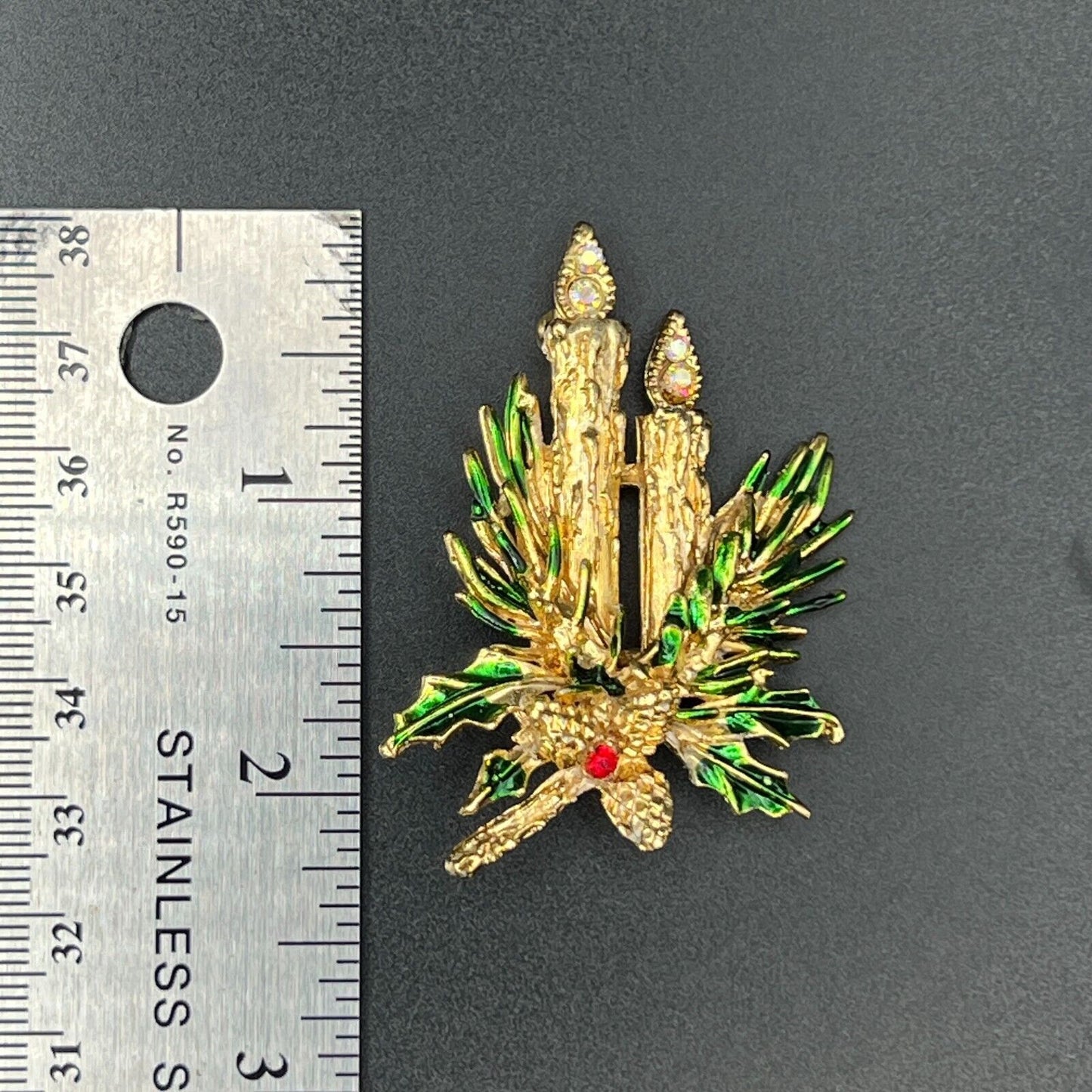 Vintage Christmas Candlestick w Green Leaves & Gold Pine Cones Brooch Pin