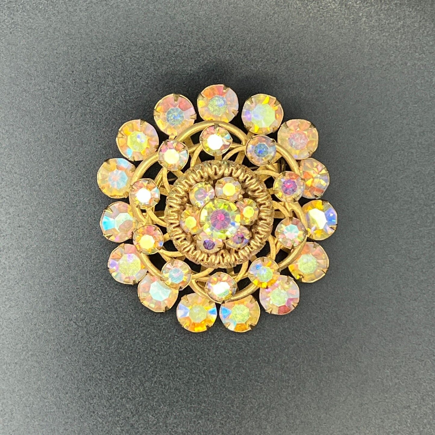 Vintage Gold-Toned & Aurora Borealis Rhinestones w Plenty of Sparkle Brooch Pin