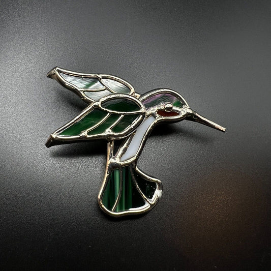 Vintage Novelty RARE Silver, Green & White Stained Glass Hummingbird Brooch Pin