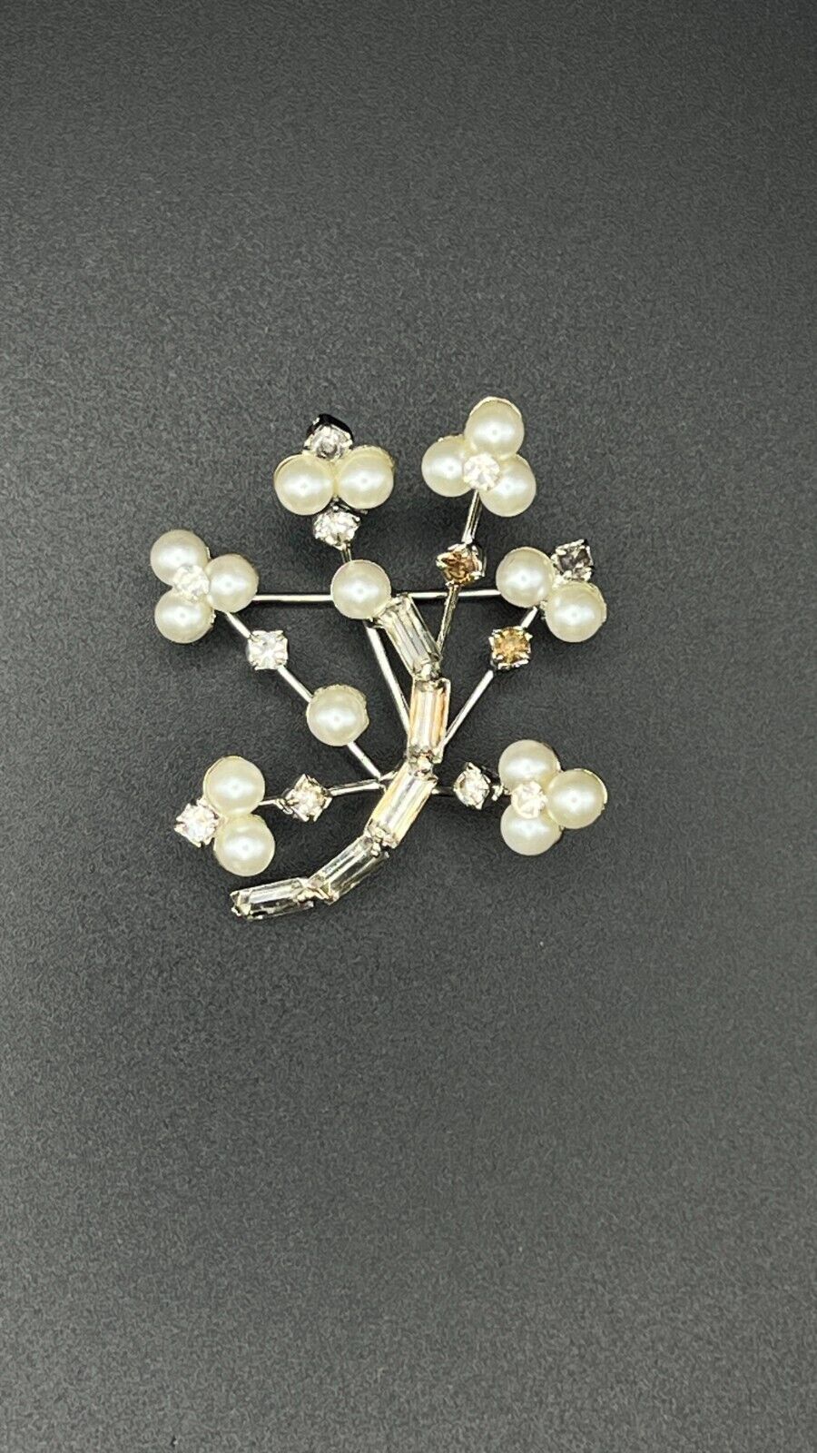 Vintage Silver-Toned Tree Branch with Clear Rhinestones & Faux Pearls Brooch Pin