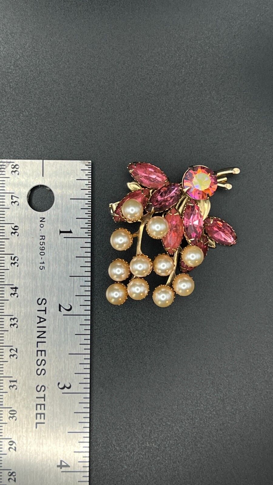 Vintage Large Gold-Toned Flower with Pink Rhinestones and Faux Pearls Brooch Pin