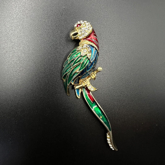 Vintage Novelty Large Parrot Red, Blue, Gold, Green Enamel & Crystals Brooch Pin