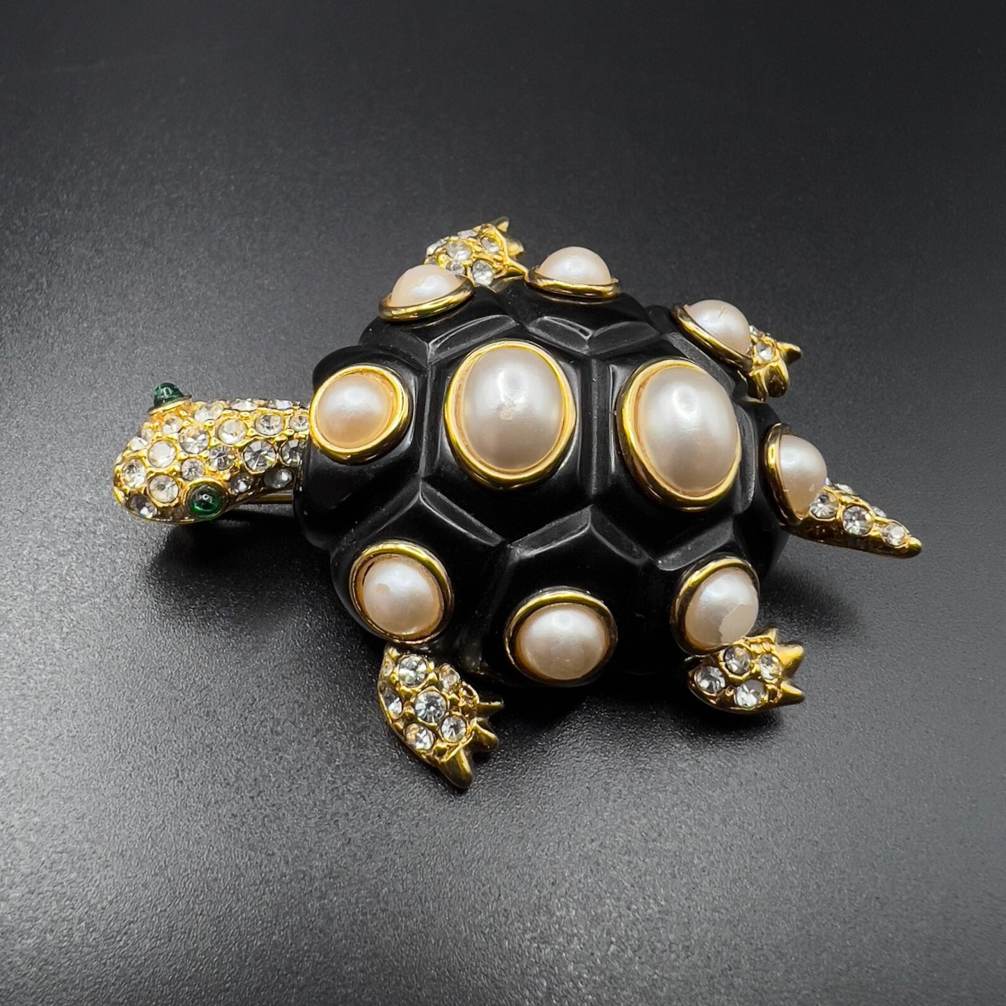 Vintage Signed KJL Tortoise Gold-Tone Faux Pearl & Crystals on Black Brooch Pin