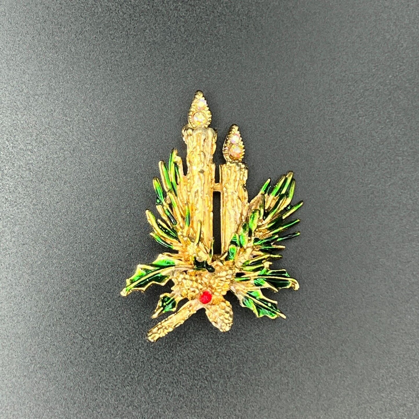 Vintage Christmas Candlestick w Green Leaves & Gold Pine Cones Brooch Pin