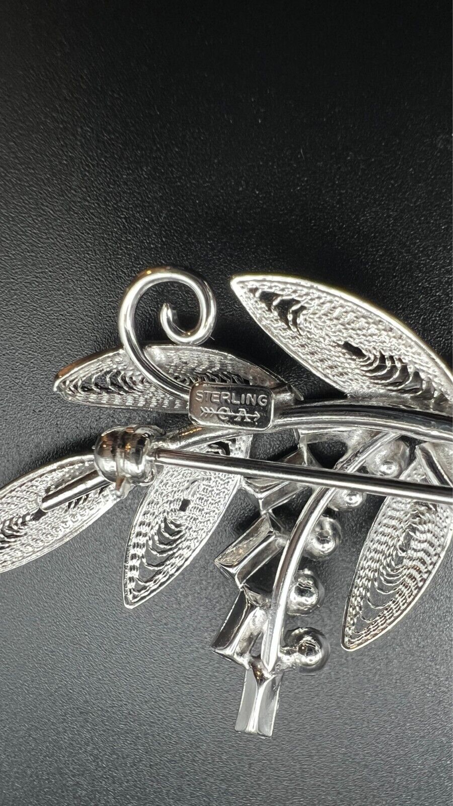 Vintage Silver-Toned Leaf Signed STERLING C A with Clear Rhinestones Brooch Pin