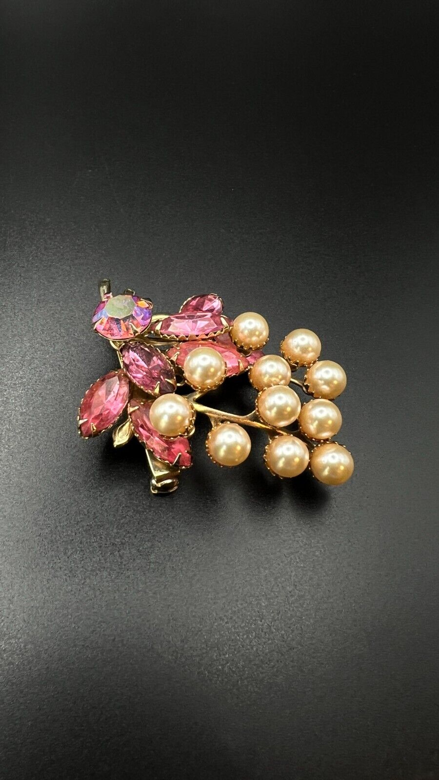 Vintage Large Gold-Toned Flower with Pink Rhinestones and Faux Pearls Brooch Pin