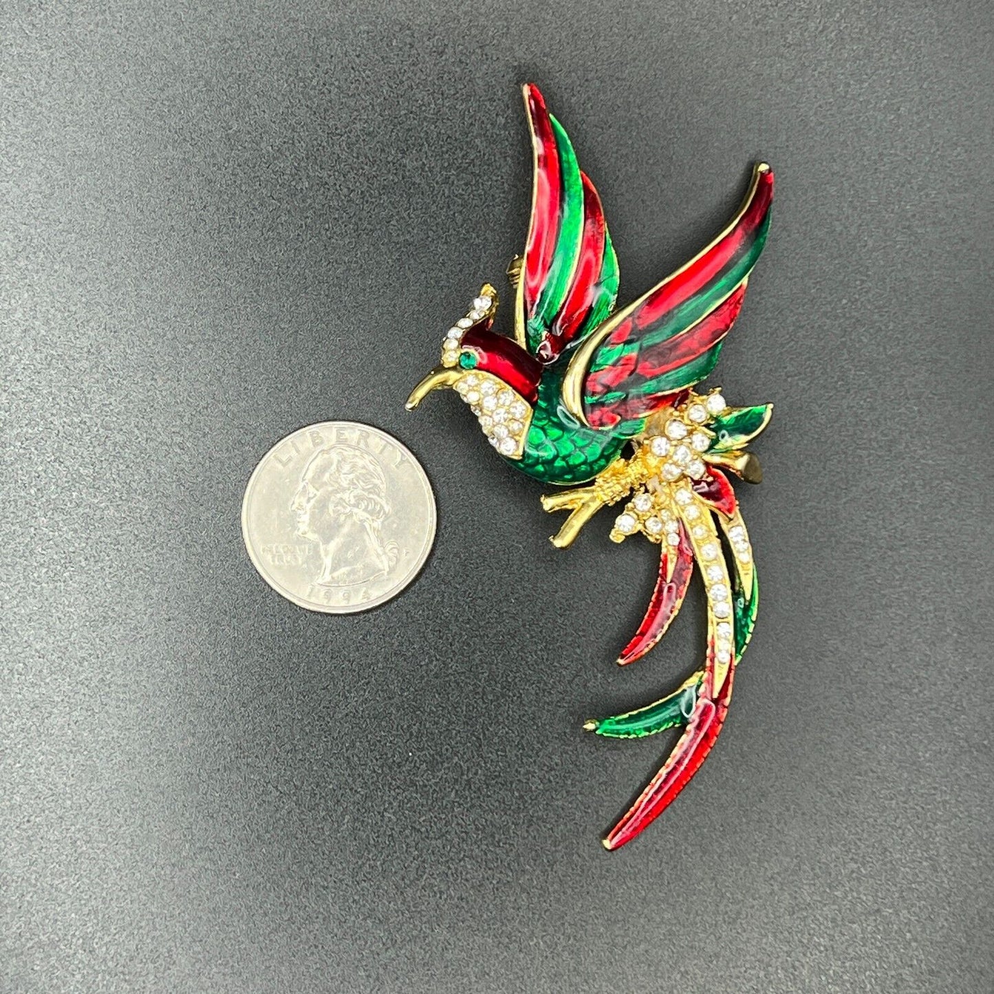 Vintage Novelty Bird Of Paradise Clear Crystals Red/Green Enameled Brooch Pin