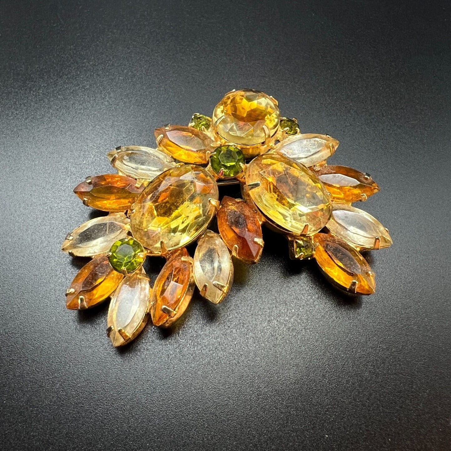 Vintage Gold-Toned Multi Faceted Clear Topaz, Green & Gold Rhinestone Brooch Pin