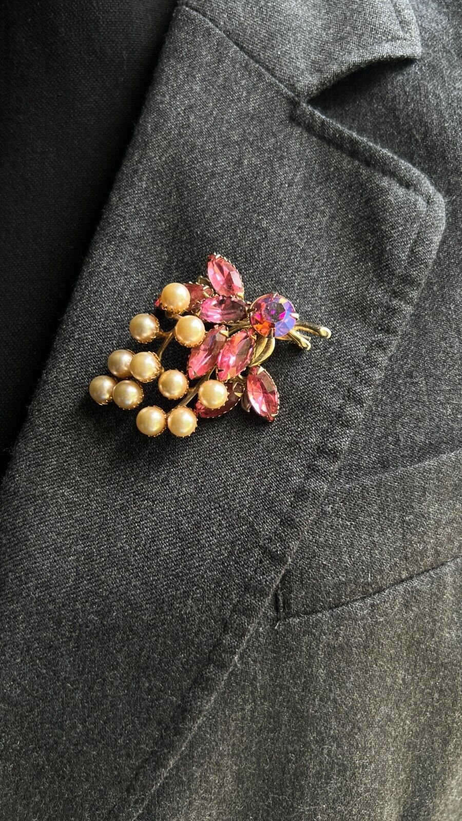 Vintage Large Gold-Toned Flower with Pink Rhinestones and Faux Pearls Brooch Pin