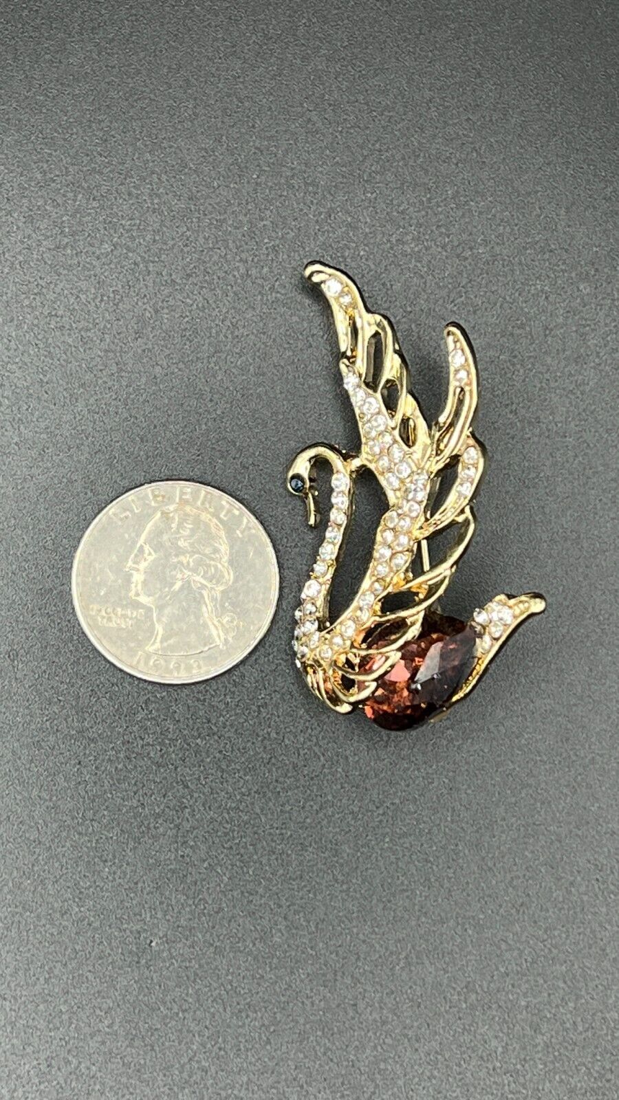 Vintage Gold-Toned Swan with Sparkly  Deep Red & Clear Crystals Brooch Pin