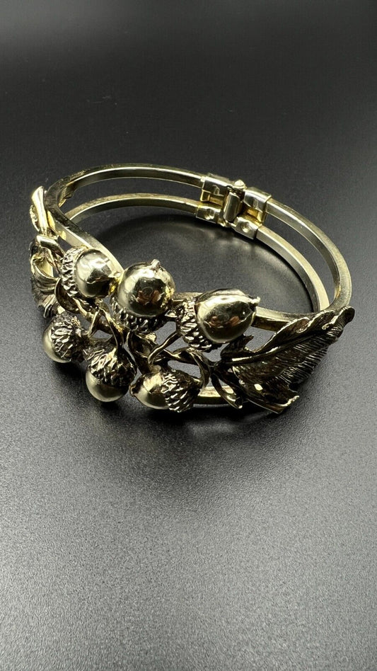 Vintage Silver-Toned Clamper Bracelet with Oak Leafs and Acorns Design