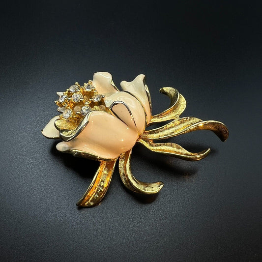 Vintage Dimensional Gold-Toned & Enameling Flower with Clear Crystals Brooch Pin