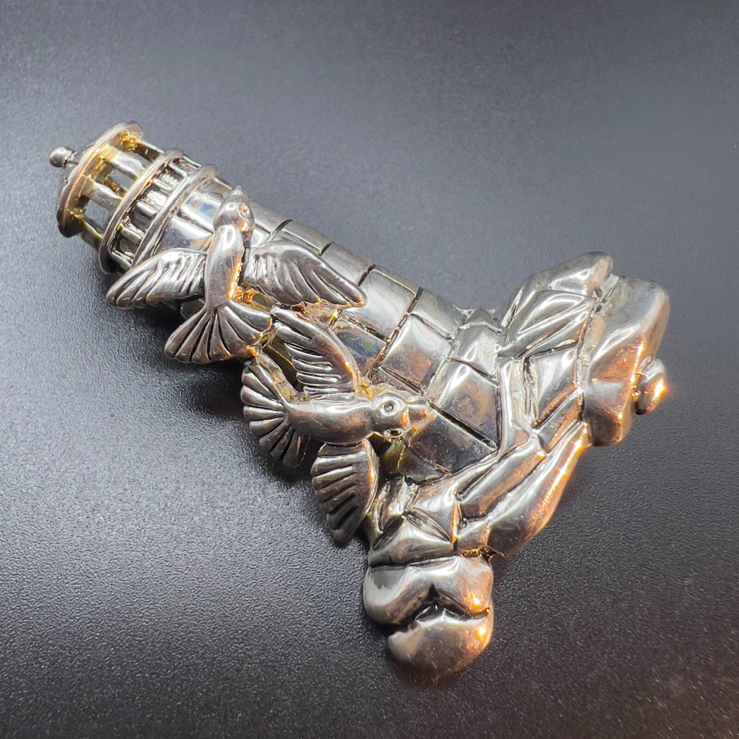 Vintage Signed BEST Lighthouse & Birds Silver-Toned Pendant Brooch Pin