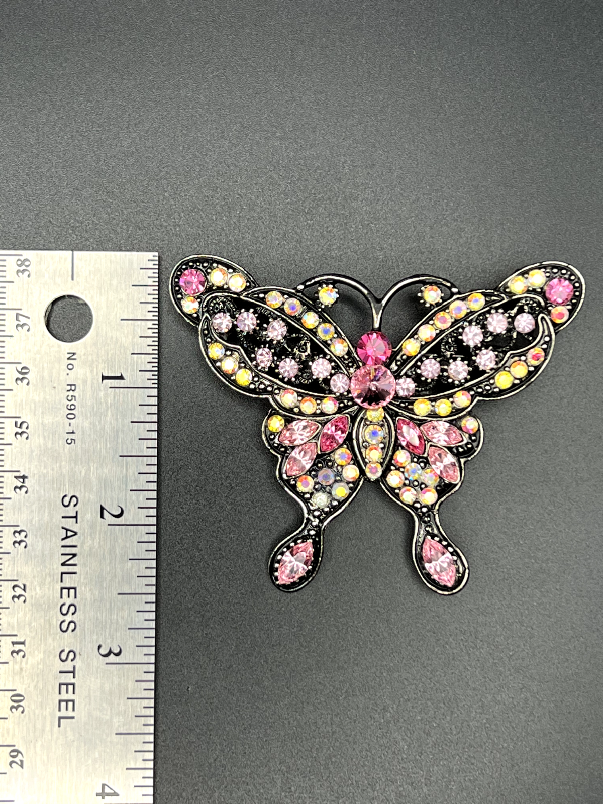 Vintage Butterfly Silver-Toned with Pink, Rose & Clear AB Rhinestones Brooch Pin