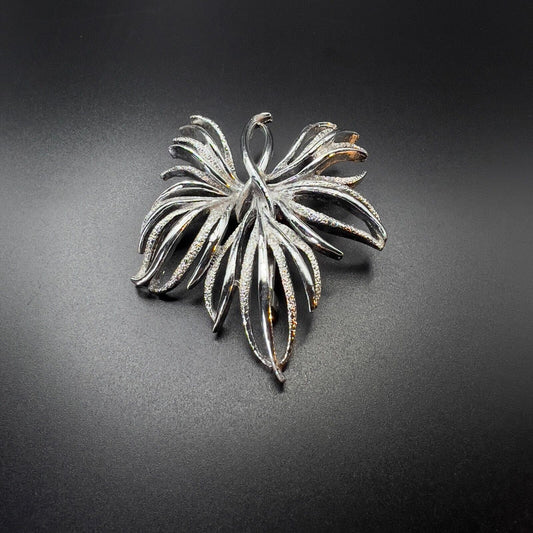 Vintage Silver-Toned Leaf Brooch- Brushed & Smooth Twigs & Sprigs Spray Stem Pin