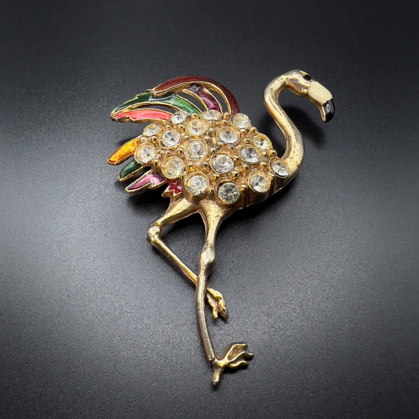 Vintage Novelty Large Flamingo Gold-Toned & Enamel Brooch w Clear Rhinestones