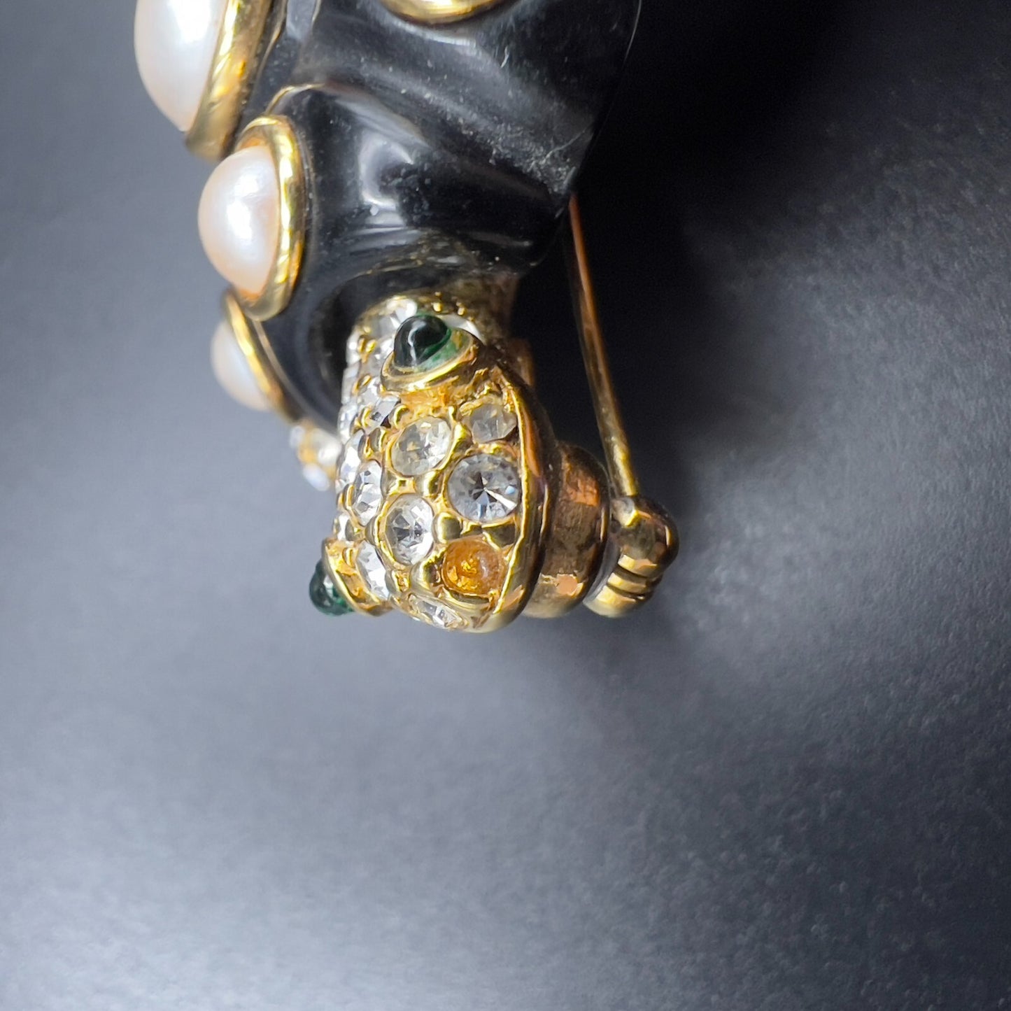 Vintage Signed KJL Tortoise Gold-Tone Faux Pearl & Crystals on Black Brooch Pin