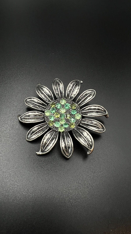 Vintage Silver-Toned Flower w Pewter Finish and Green Rhinestones Brooch Pin