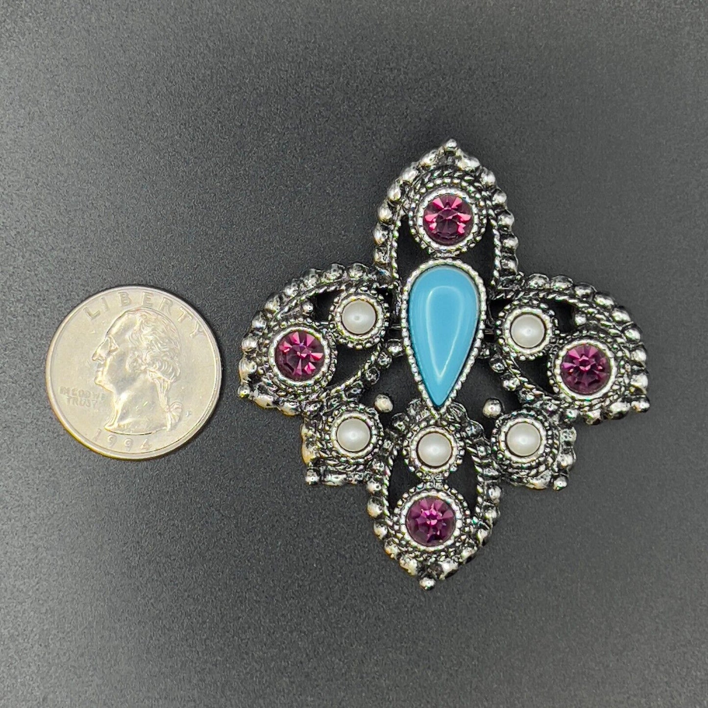 Vintage SARAH COV Imperial w Faux Pearls Blue & Purple Stones Pendant Brooch Pin