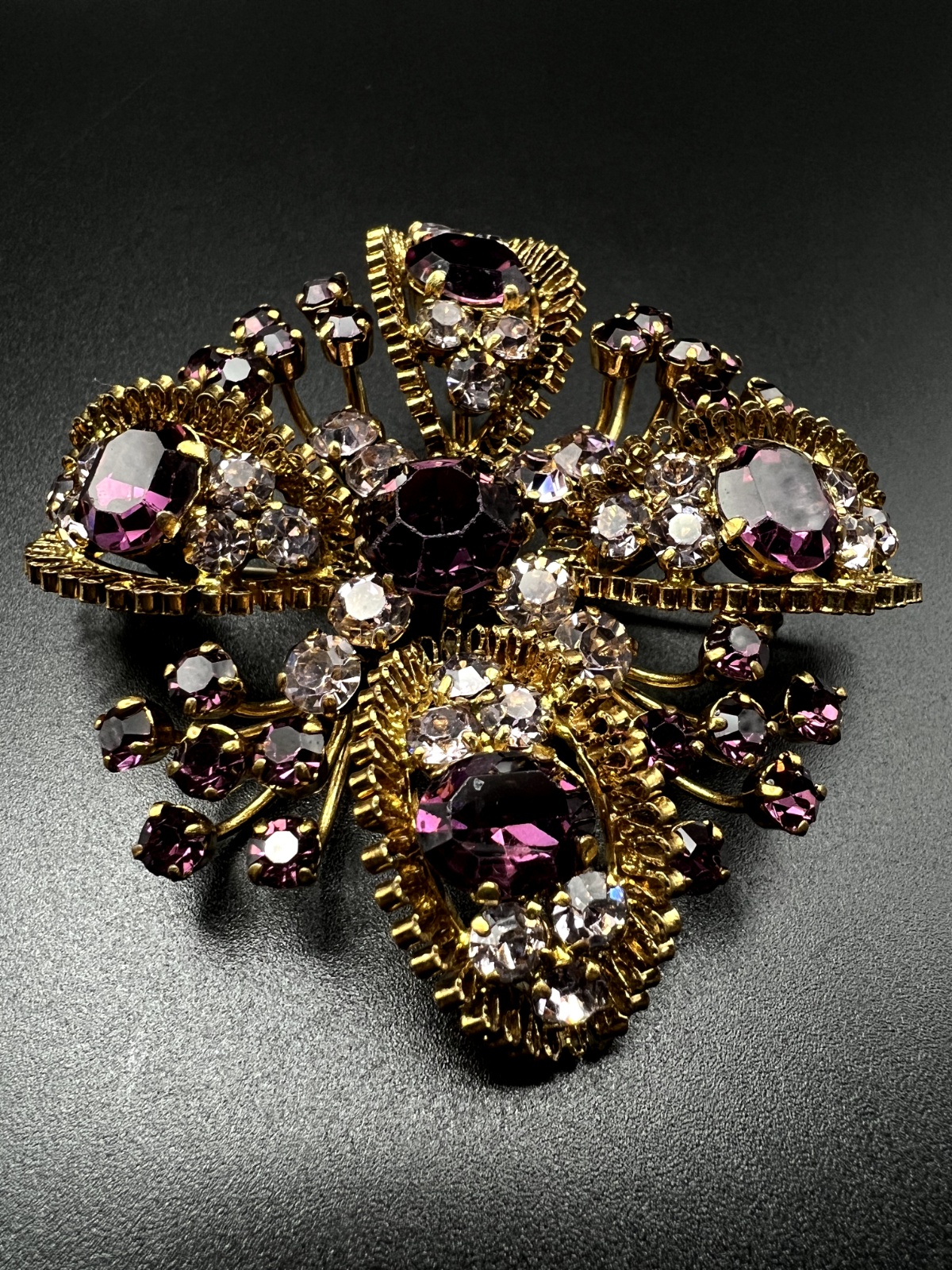 Vintage Signed AUSTRIA Gold-Toned, Dark Purple & Lavender Rhinestones Brooch Pin