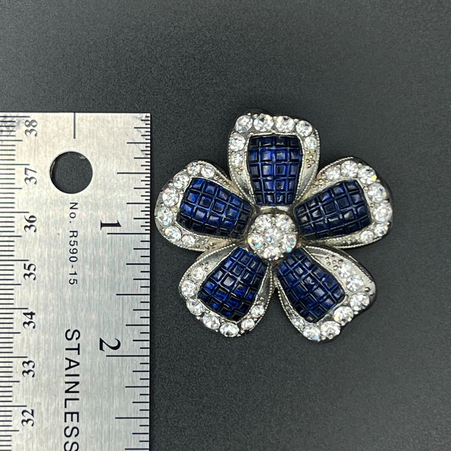 Vintage Signed Nina Ricci For Avon Blue & Clear Rhinestones Flower Brooch Pin