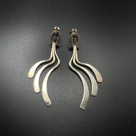 Vintage Elegant Sterling Silver Long Dangle Modern Pierced Earrings