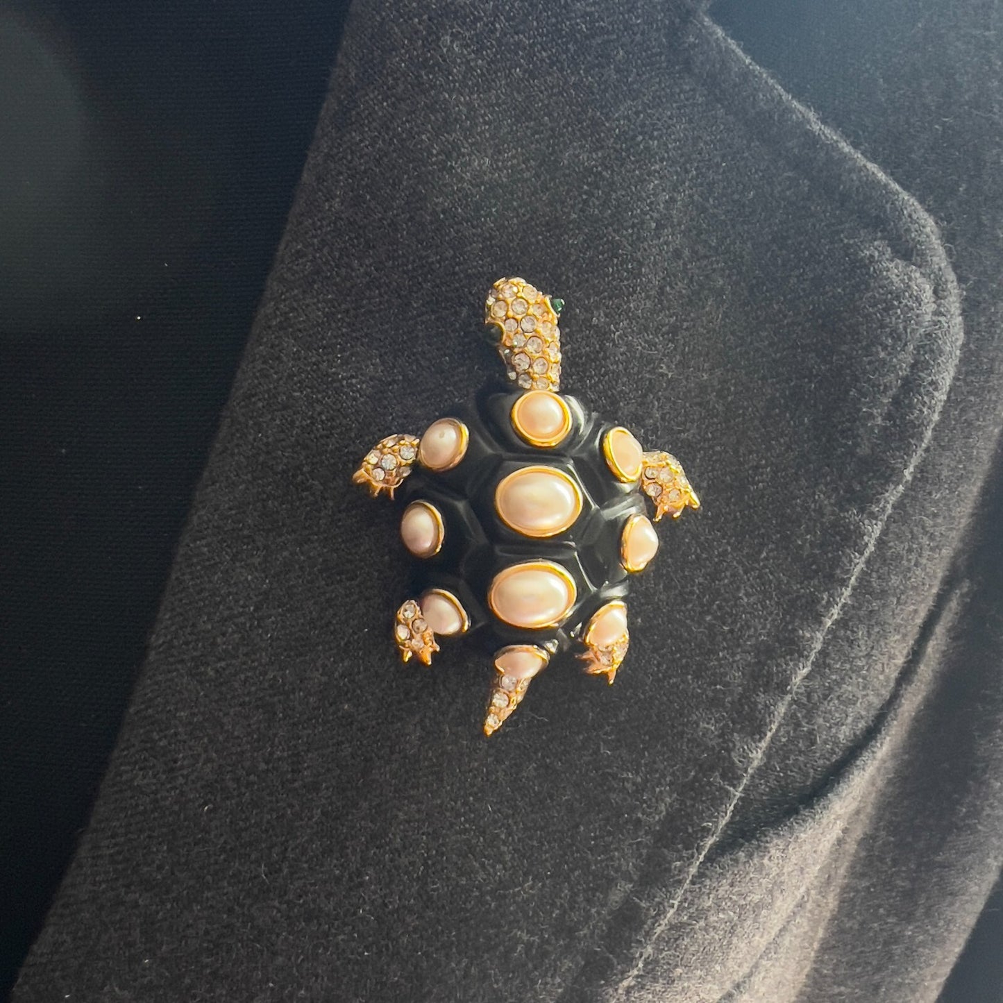 Vintage Signed KJL Tortoise Gold-Tone Faux Pearl & Crystals on Black Brooch Pin