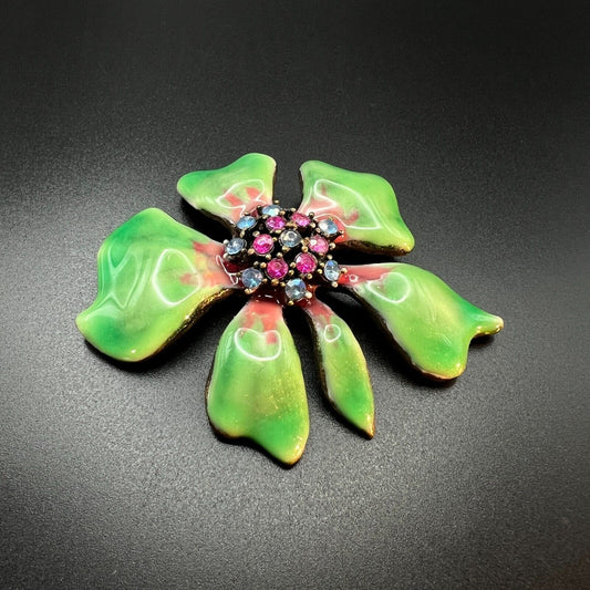 Vintage Beautiful Green & Pink Enameled Flower Brooch Pin