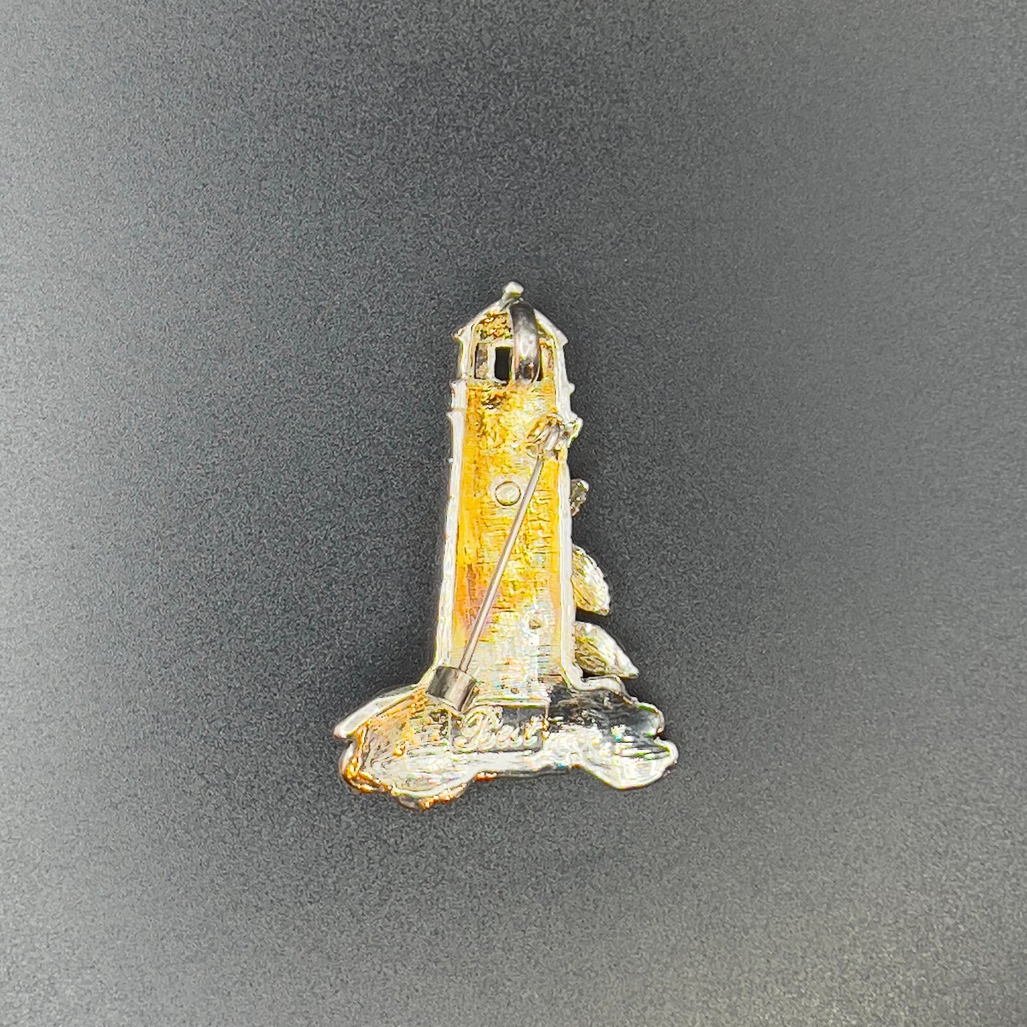 Vintage Signed BEST Lighthouse & Birds Silver-Toned Pendant Brooch Pin