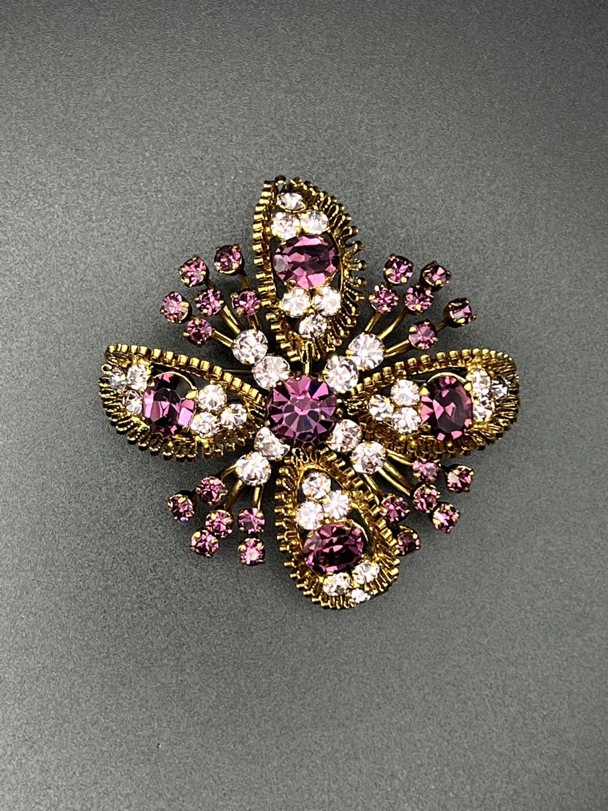 Vintage Signed AUSTRIA Gold-Toned, Dark Purple & Lavender Rhinestones Brooch Pin