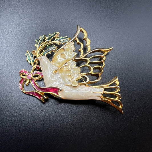 Vintage Novelty Christmas Peace Dove Gold-Toned with White Green Red Brooch Pin