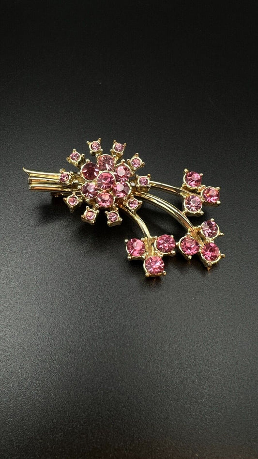 Vintage Signed CORO Gold-Toned Pink Rhinestones Brooch Pin