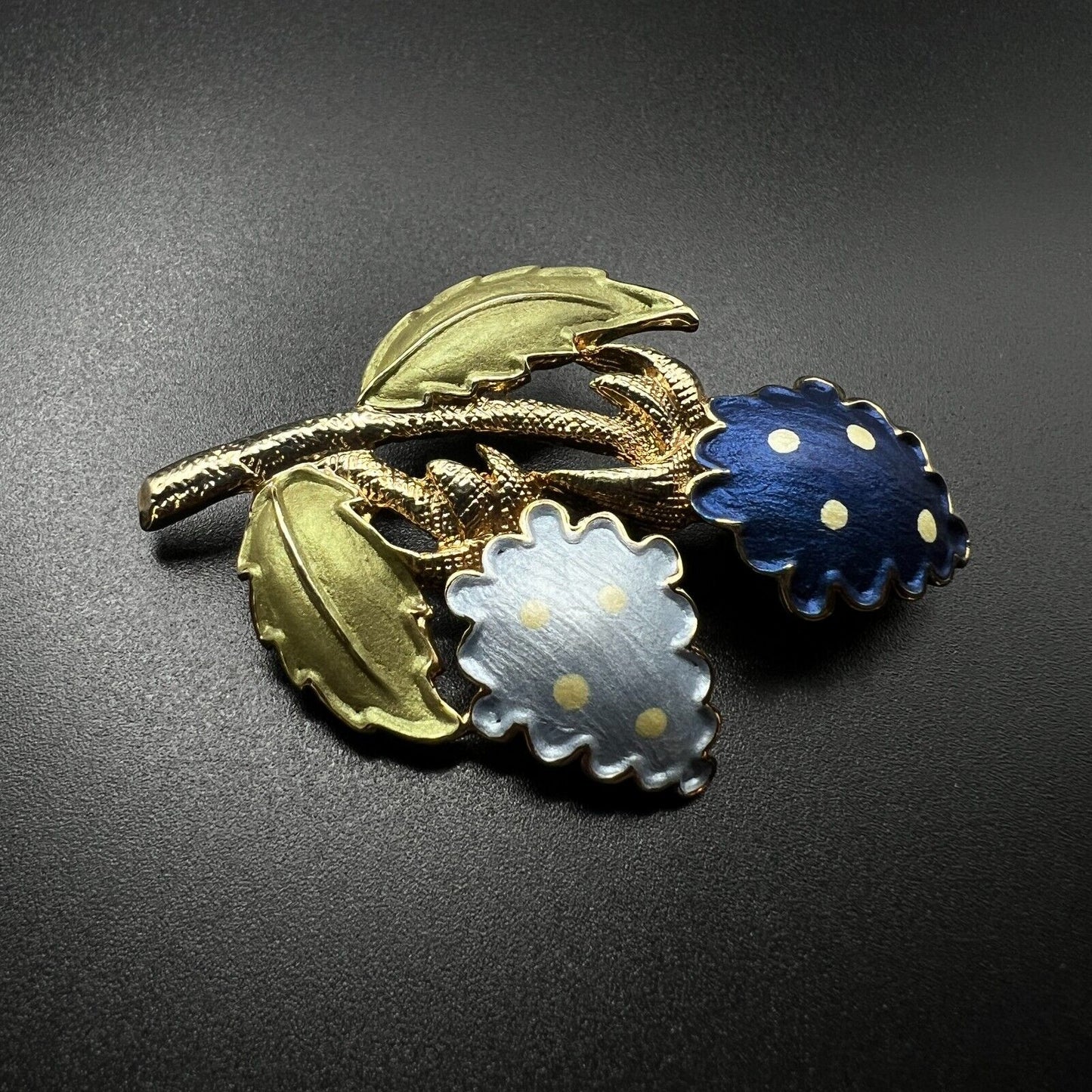 Vintage Gold-Toned Lovely Blue Enameled Flowers with Green Leaves Brooch Pin