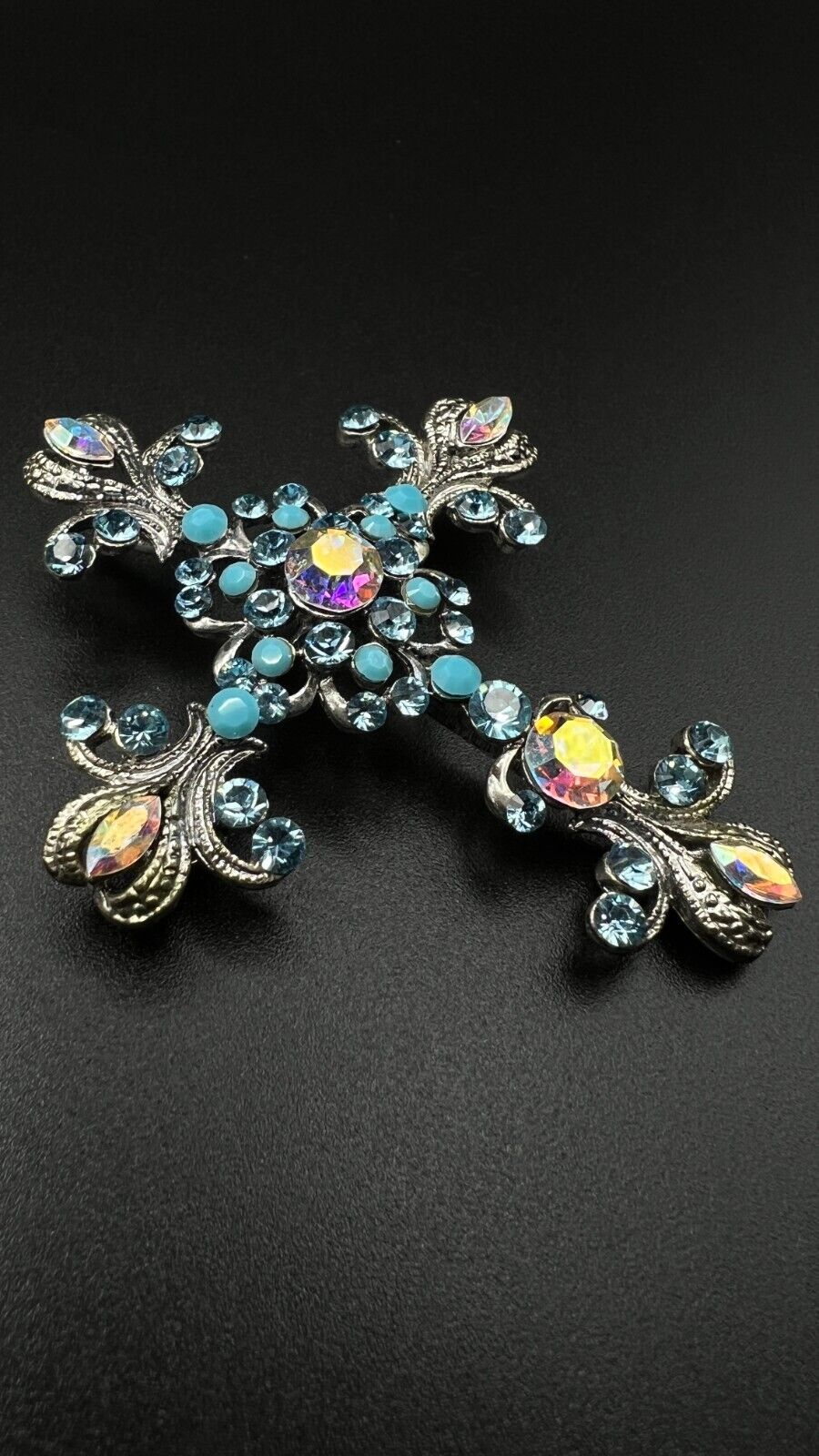 Vintage Kirk's Folly Signed Brooch/Pendant with Blue and AB Stones Silver-Toned