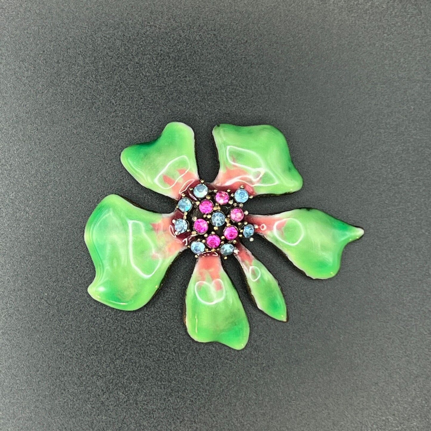 Vintage Beautiful Green & Pink Enameled Flower Brooch Pin