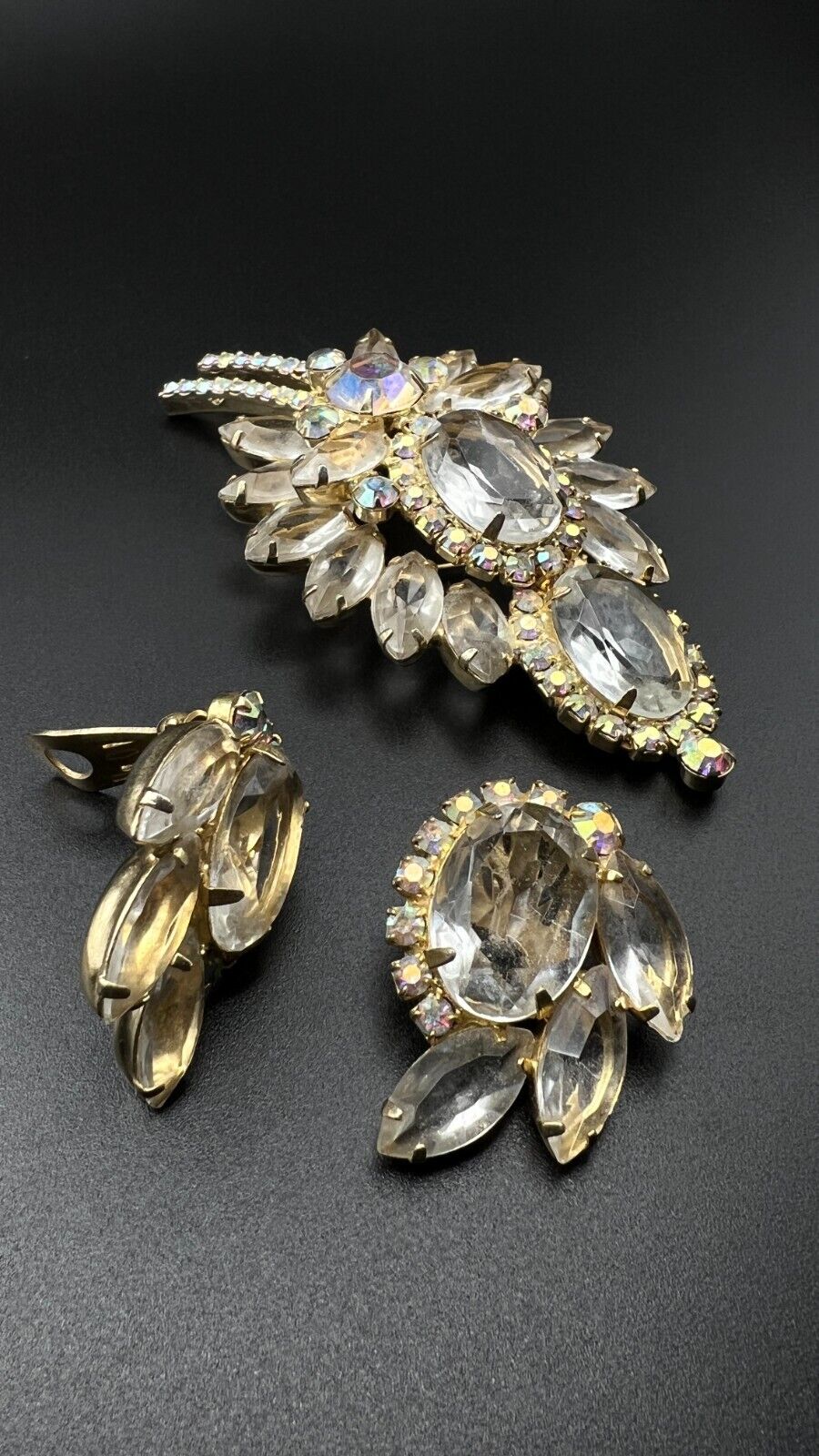 Vintage JULIANNA AB Large Rhinestone Brooch Pin and Clip-On Earrings Set