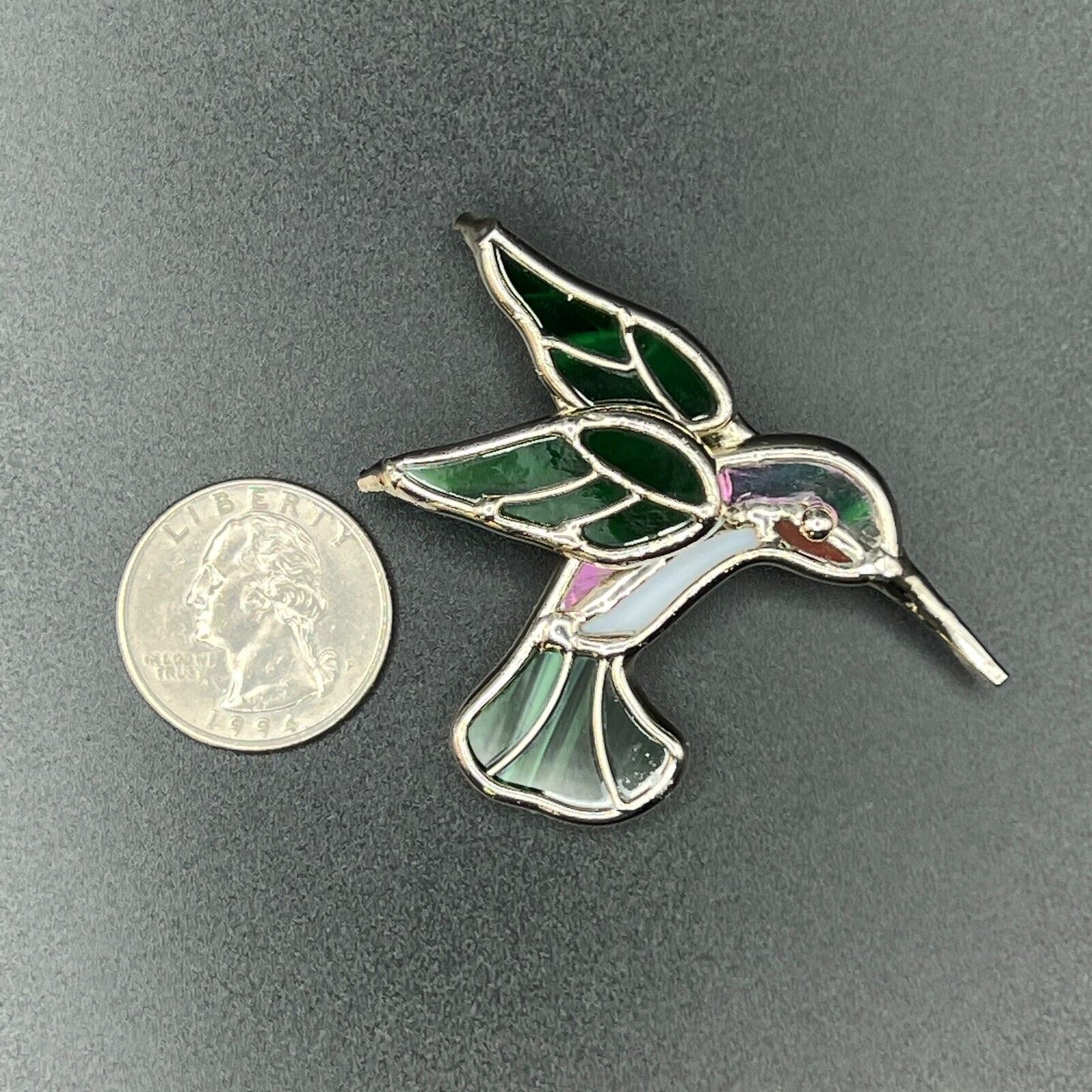 Vintage Novelty RARE Silver, Green & White Stained Glass Hummingbird Brooch Pin