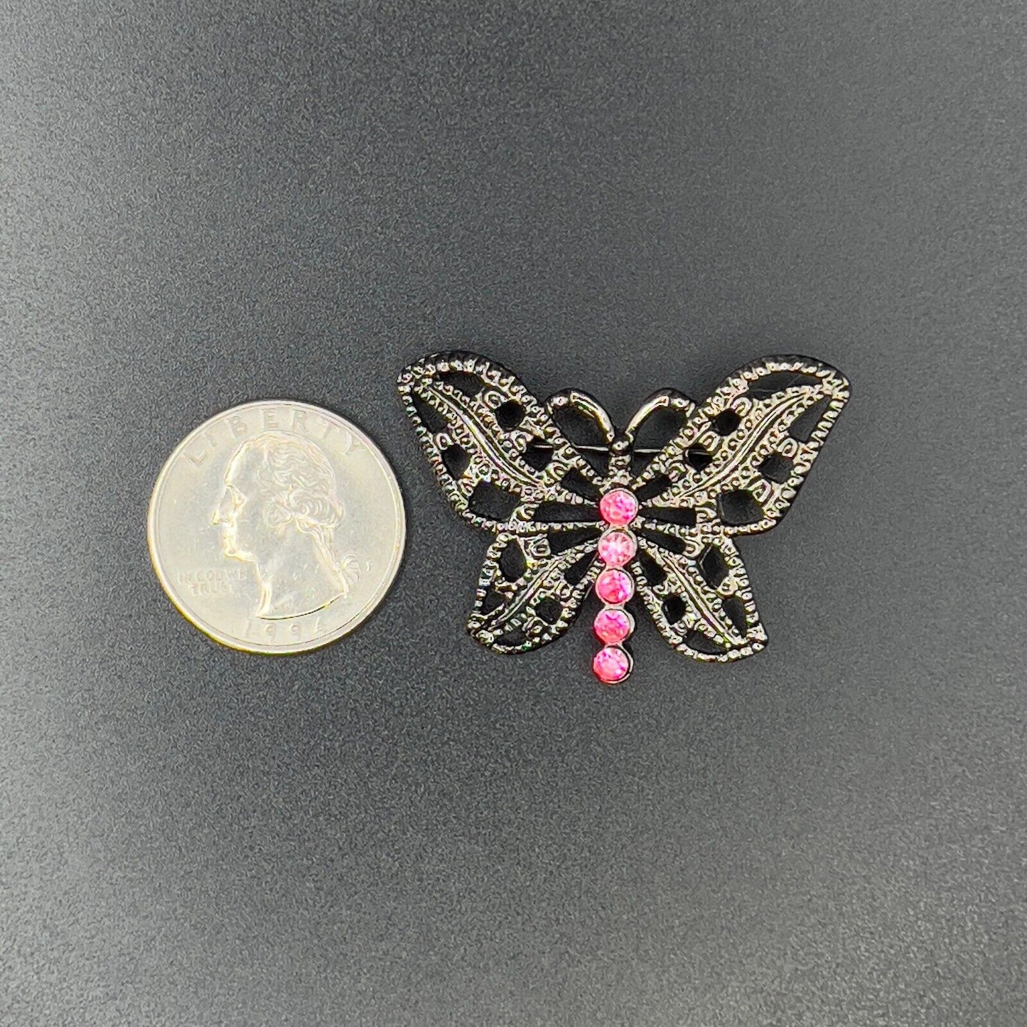 Vintage Lovely Dark Silver-Toned Metal Butterfly w Pink Rhinestones Brooch Pin