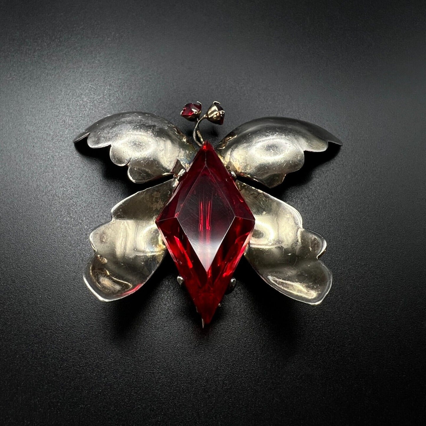 Vintage Signed Sterling Silver with Red Rhinestones Butterfly Brooch Pin