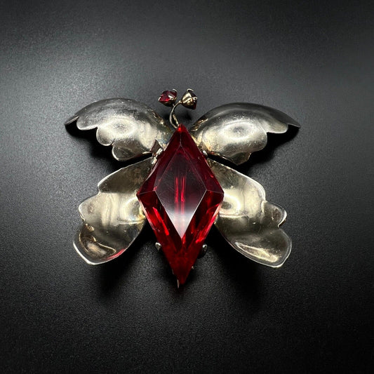 Vintage Signed Sterling Silver with Red Rhinestones Butterfly Brooch Pin