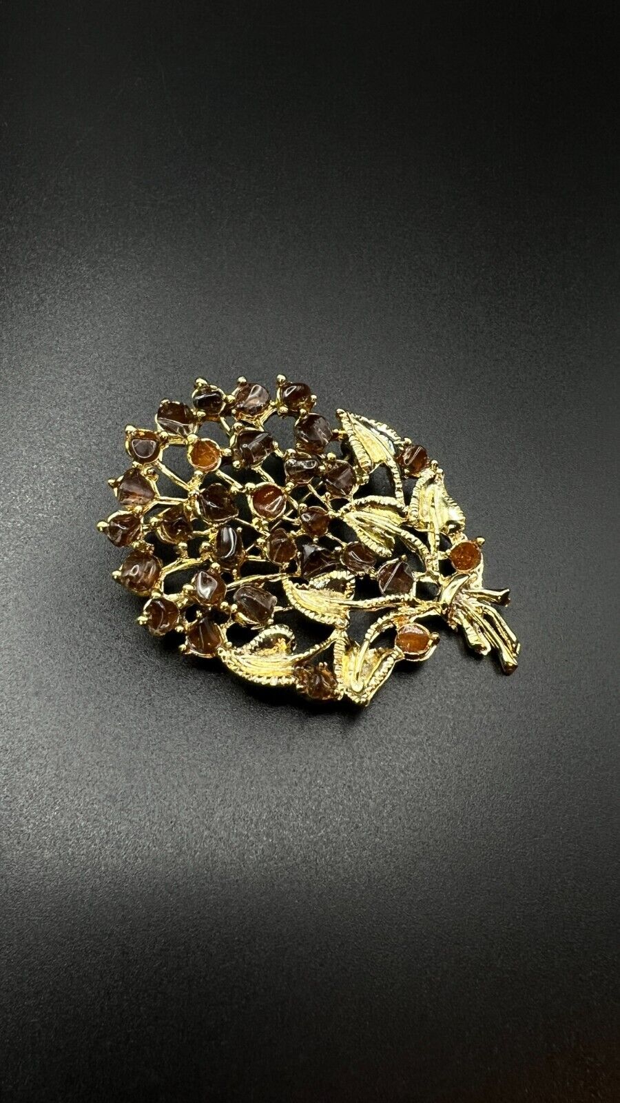 Vintage Gold-Toned Bouquet of Flowers with Brown & Topaz Rhinestones Brooch Pin